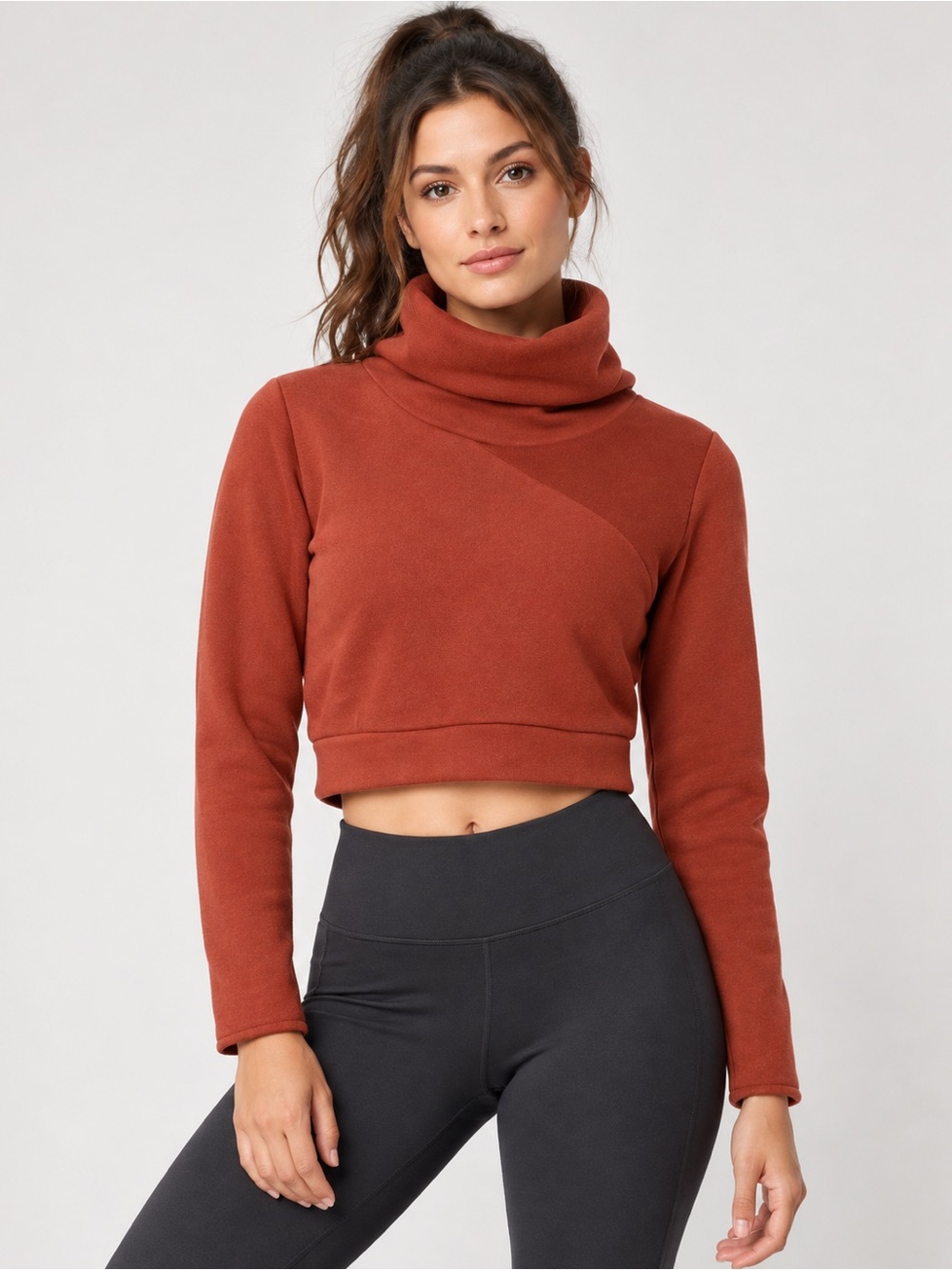 Alo Yoga Soleil Cropped Turtleneck Sweatshirt Rust Terracotta Activewear